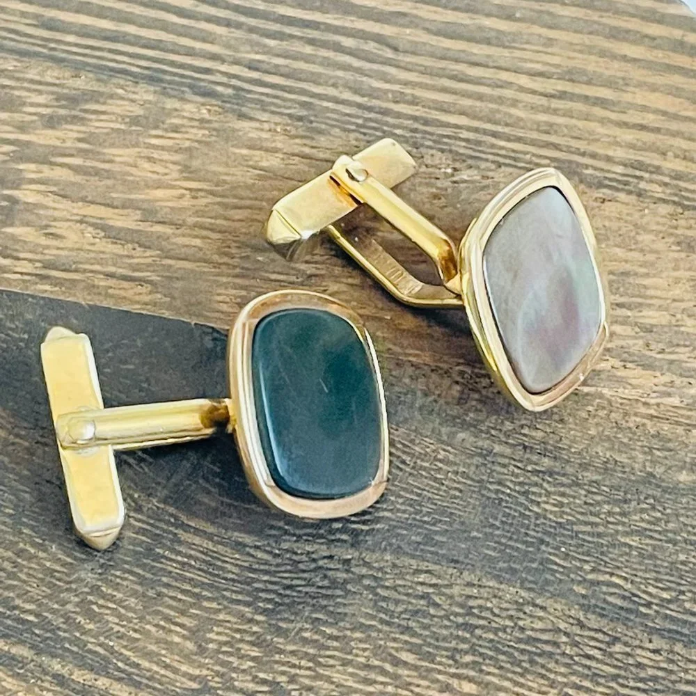 Vintage Swank Abalone Mother of Pearl MAP Shell Gold Tone Cuff Links